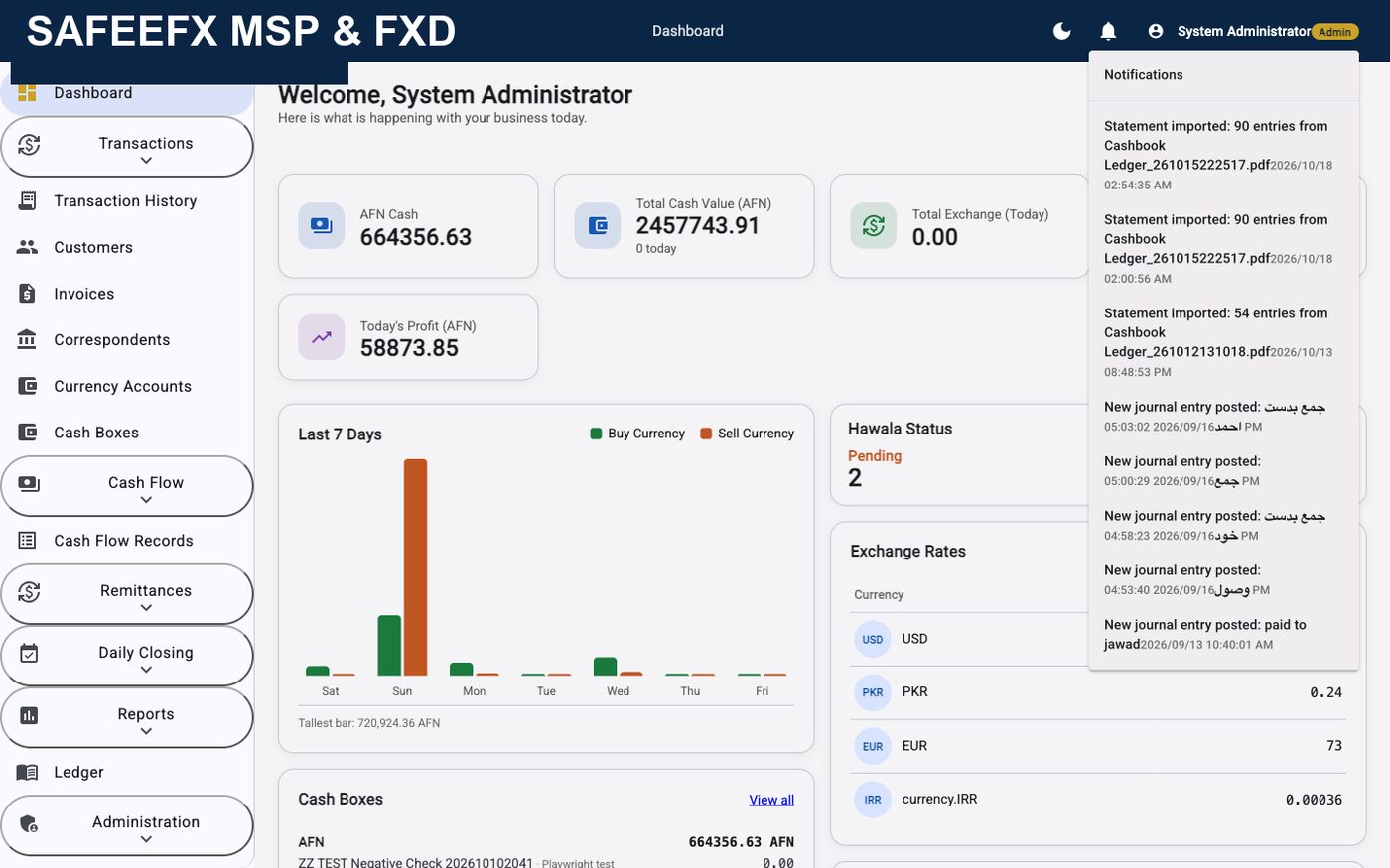 د SafeeFX د اصلي پاڼې سکرین